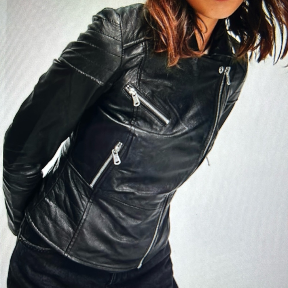 NWT Barney’s original black leather jacket with silver zippers